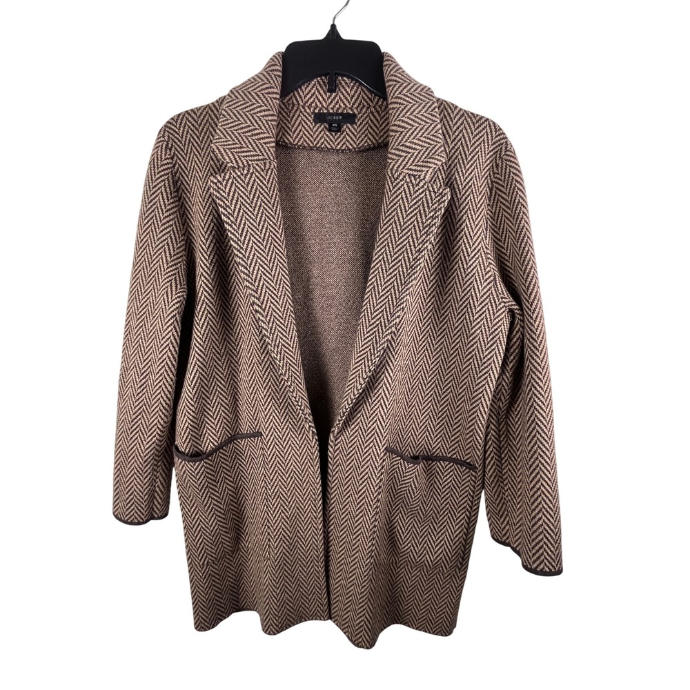 J Crew Sophie Open Front Sweater Blazer Women XS Brown Chevron Preppy Office
